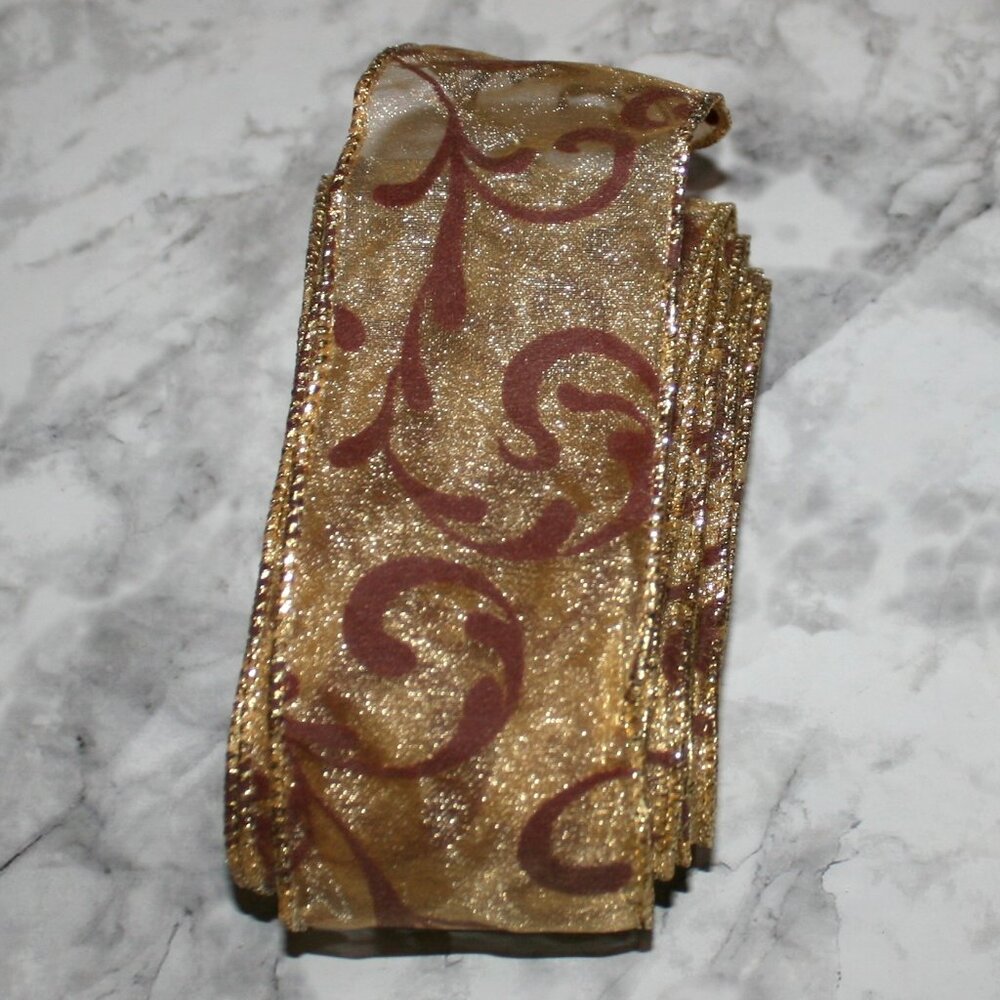 RIBBON #1431 - Gold Sheer with Red Flocked Velvet Swirls - 2 1/4 x 11 yds